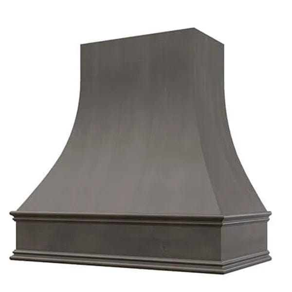 Riley & Higgs Stained Gray Wood Range Hood With Curved Front and Decorative Trim - 30" 36" 42" 48" 54" and 60" Widths Available