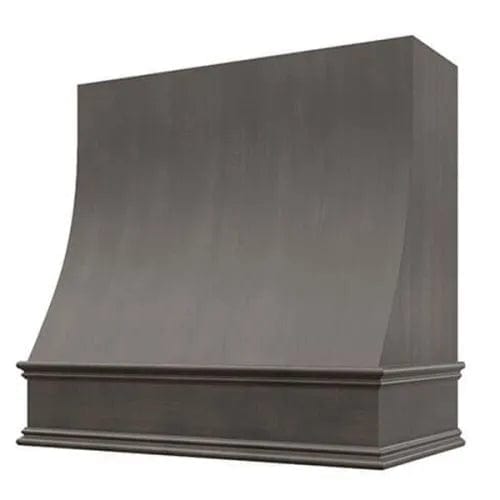 Riley & Higgs Stained Gray Wood Range Hood With Sloped Front and Decorative Trim - 30", 36", 42", 48", 54" and 60" Widths Available