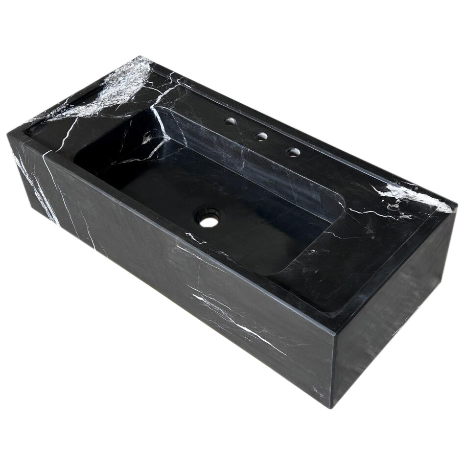 Toros Black Marble Rectangular Wall-mount Bathroom Sink (W)16" (L)36" (H)10"