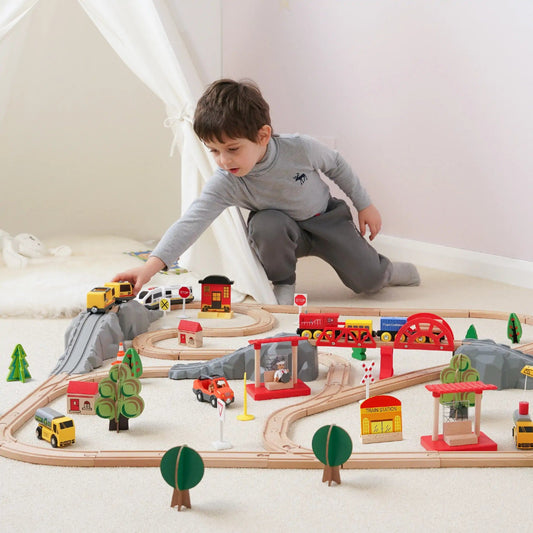 Tiny Land Toy Tiny Land® Wooden Track Trains 55 Pcs