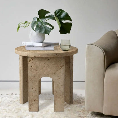 Troia Light Travertine Round End/Side Table U Shape Legs Unfilled, Honed (D)18" (H)20"