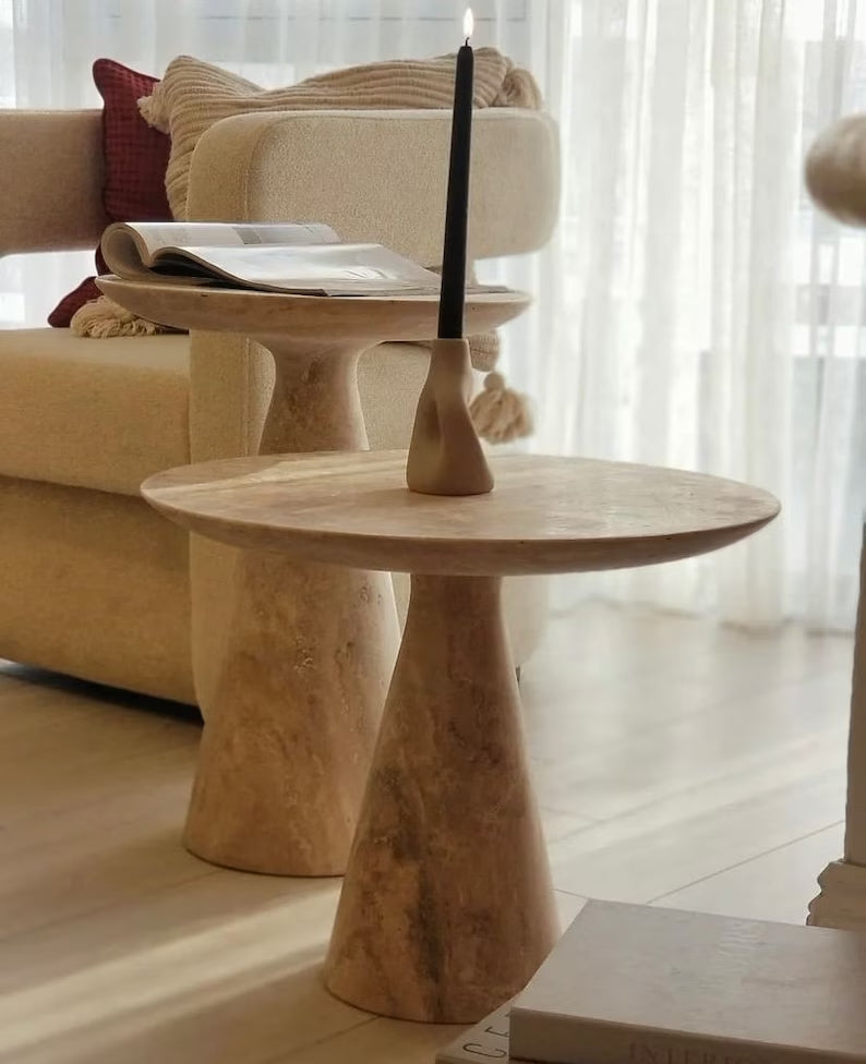 Troia Light Travertine Round End/Side Table Conic Shape Leg Honed (D)18" (H)22"