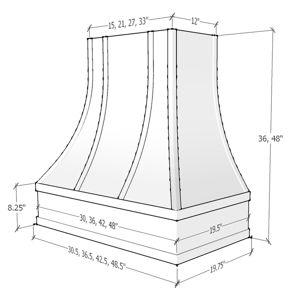 Riley & Higgs Unfinished Range Hood With Curved Front, Brass Strapping and Block Trim - 30", 36", 42", 48", 54" and 60" Widths Available