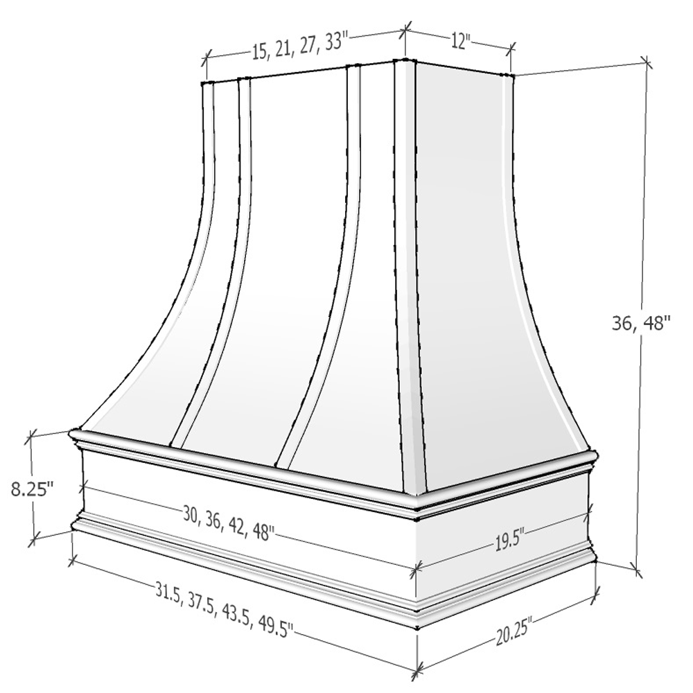 Riley & Higgs Unfinished Range Hood With Curved Front, Brass Strapping, Buttons and Block Trim - 30", 36", 42", 48", 54" and 60" Widths Available