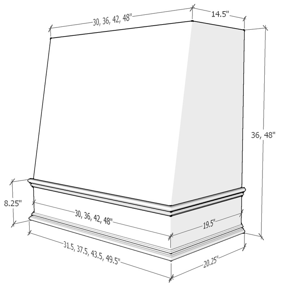 Riley & Higgs Unfinished Wood Range Hood With Angled Strapped Front and Decorative Trim - 30", 36", 42", 48", 54" and 60" Widths Available