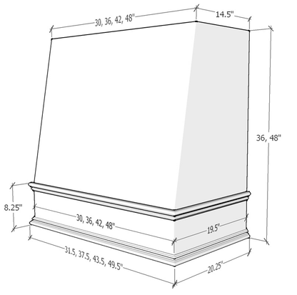 Riley & Higgs Unfinished Wood Range Hood With Angled Strapped Front and Decorative Trim - 30", 36", 42", 48", 54" and 60" Widths Available