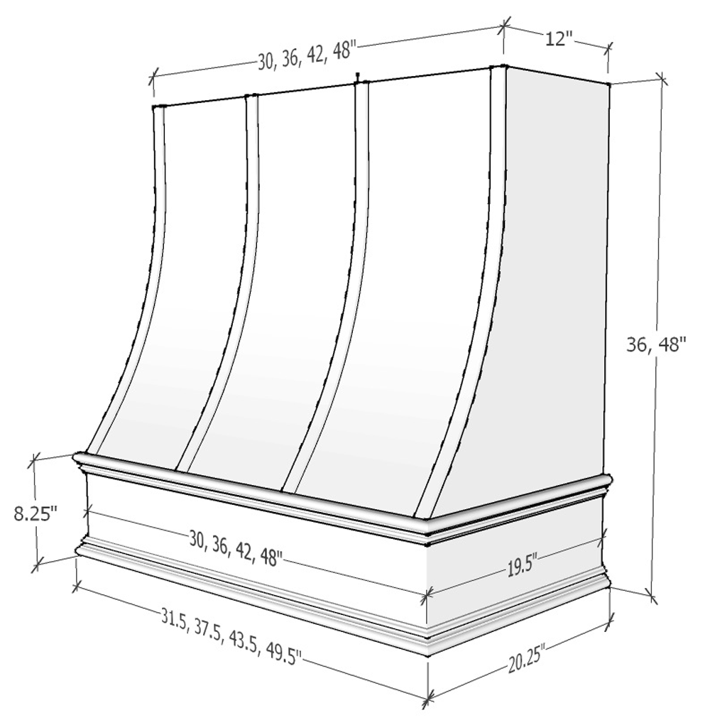 Riley & Higgs Unfinished Wood Range Hood With Sloped Strapped Front and Decorative Trim - 30", 36", 42", 48", 54" and 60" Widths Available