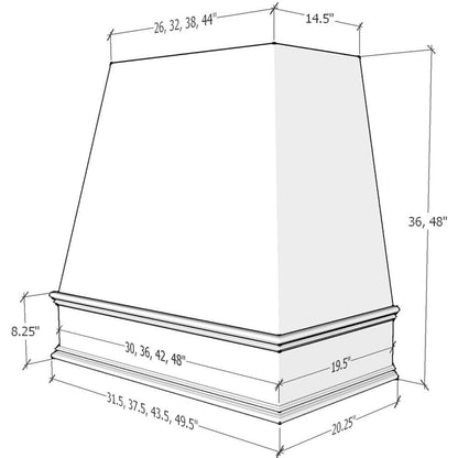 Riley & Higgs Unfinished Wood Range Hood With Tapered Front and Decorative Trim - 30", 36", 42", 48", 54" and 60" Widths Available