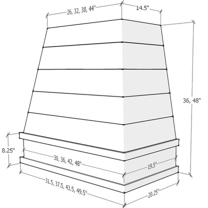 Riley & Higgs Unfinished Wood Range Hood With Tapered Shiplap Front and Block Trim - 30", 36", 42", 48", 54" and 60" Widths Available