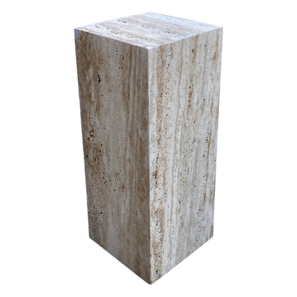 TCSC | Walnut Travertine Vein-cut Cube Design End/Side Table, Nightstand Polished (W)10" (L)10" (H)24"