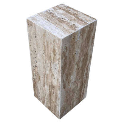 TCSC | Walnut Travertine Vein-cut Cube Design End/Side Table, Nightstand Polished (W)10" (L)10" (H)24"