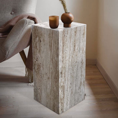 Walnut Travertine Vein-cut Cube Design End/Side Table, Nightstand Polished (W)10" (L)10" (H)24"