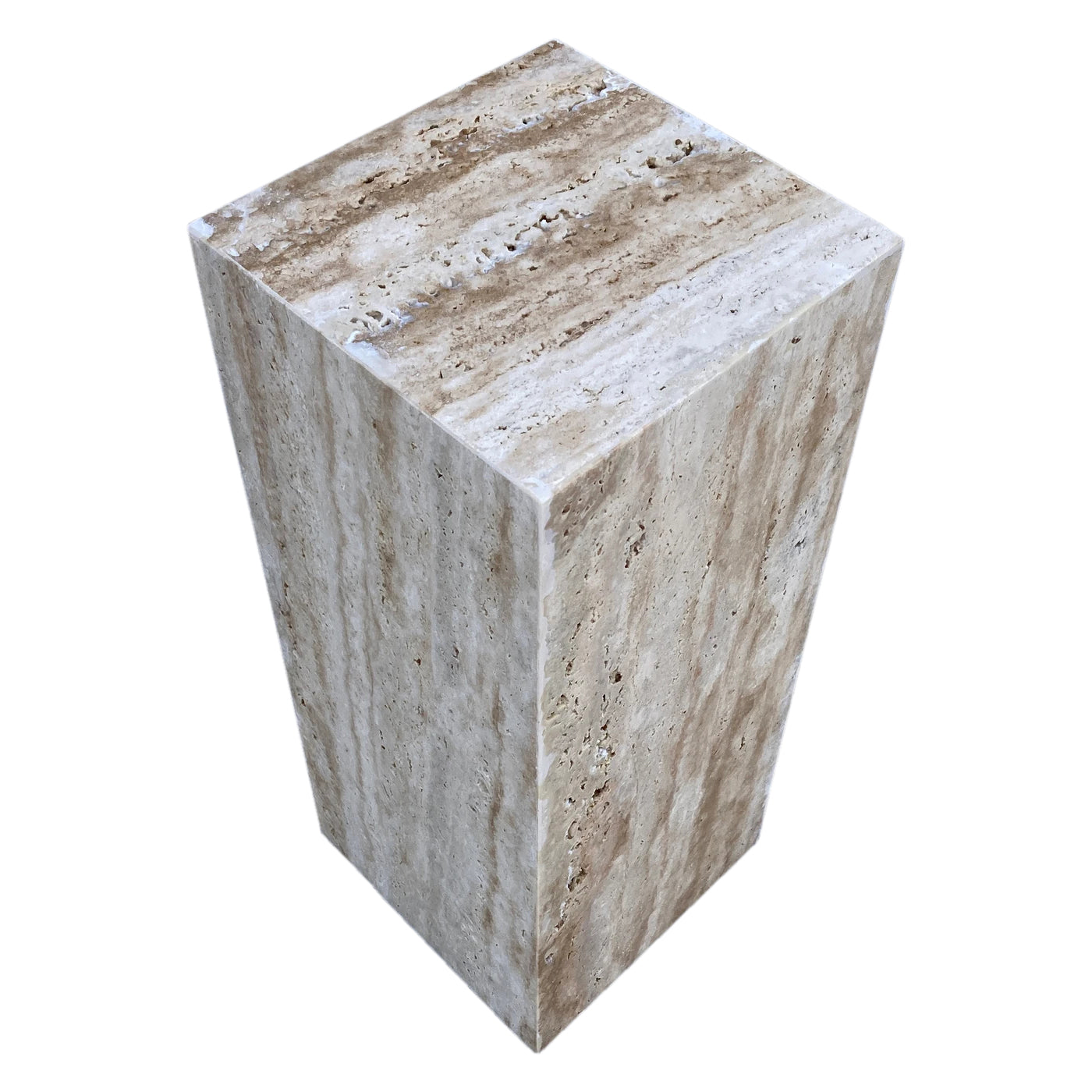 Walnut Travertine Vein-cut Cube Design End/Side Table, Nightstand Polished (W)10" (L)10" (H)24"