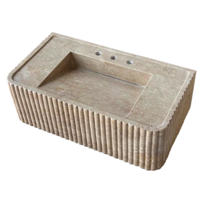 Walnut Travertine Rectangular Wall-mount Bathroom Sink Fluted (W)16" (L)32" (H)10"