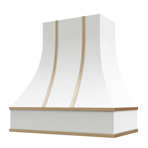 Riley & Higgs White Range Hood With Curved Front, Brass Strapping and Block Trim - 30", 36", 42", 48", 54" and 60" Widths Available