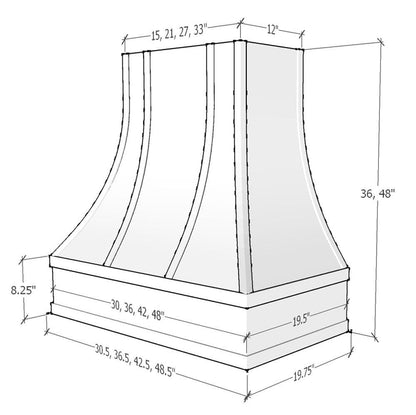 Riley & Higgs White Range Hood With Curved Strapped Front and Block Trim - 30", 36", 42", 48", 54" and 60" Widths Available