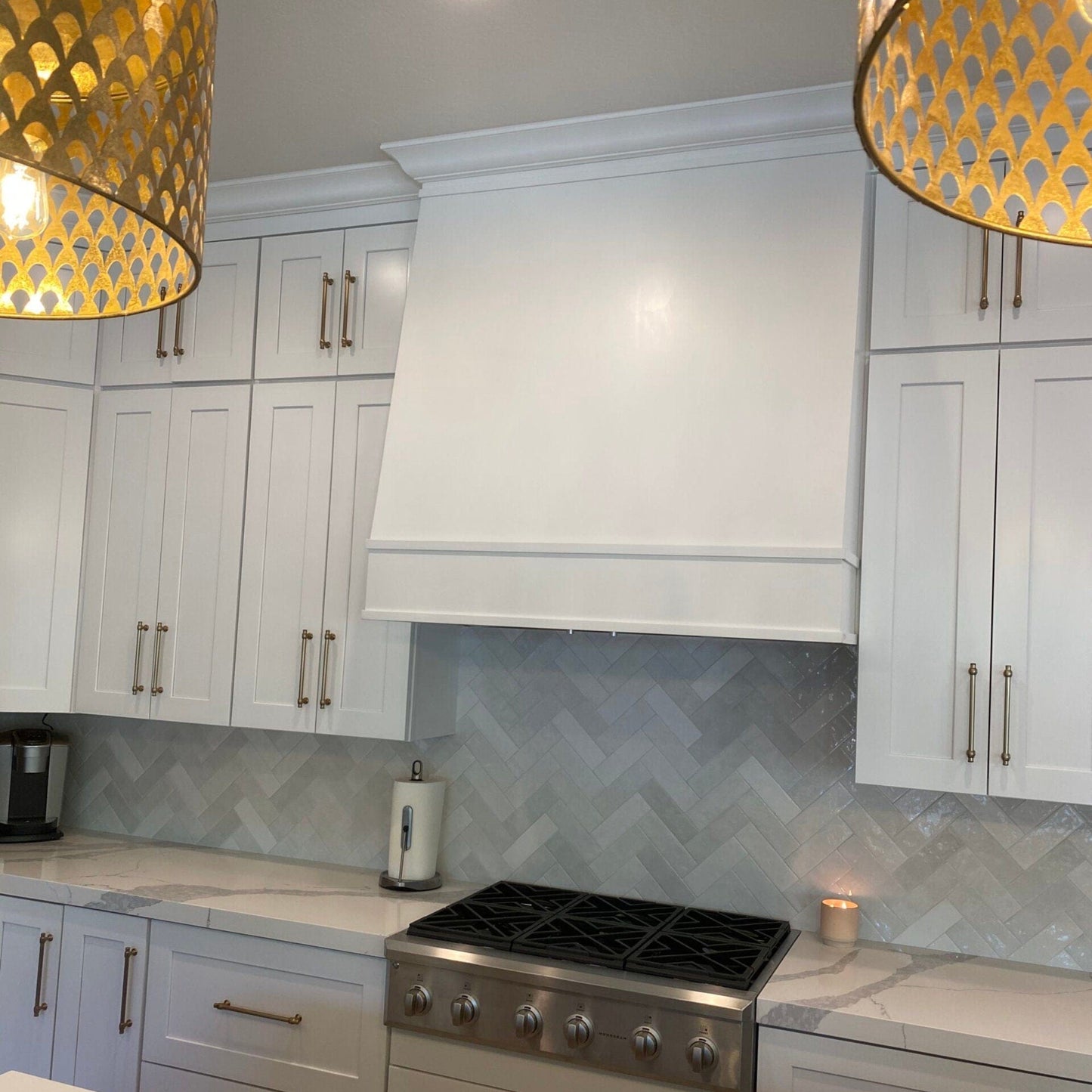 Riley & Higgs White Wood Range Hood With Angled Front and Decorative Trim - 30", 36", 42", 48", 54" and 60" Widths Available