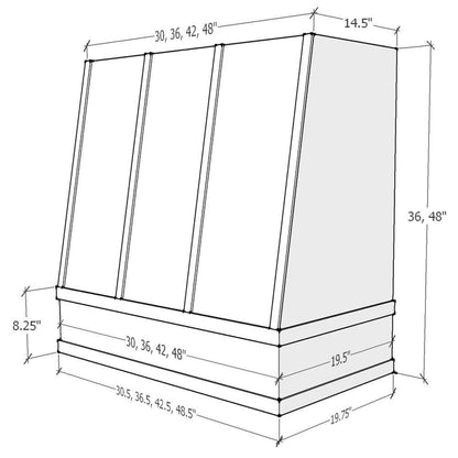 Riley & Higgs White Wood Range Hood With Angled Strapped Front and Block Trim - 30", 36", 42", 48", 54" and 60" Widths Available