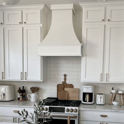 Riley & Higgs White Wood Range Hood With Curved Front and Decorative Trim - 30" 36" 42" 48" 54" and 60" Widths Available