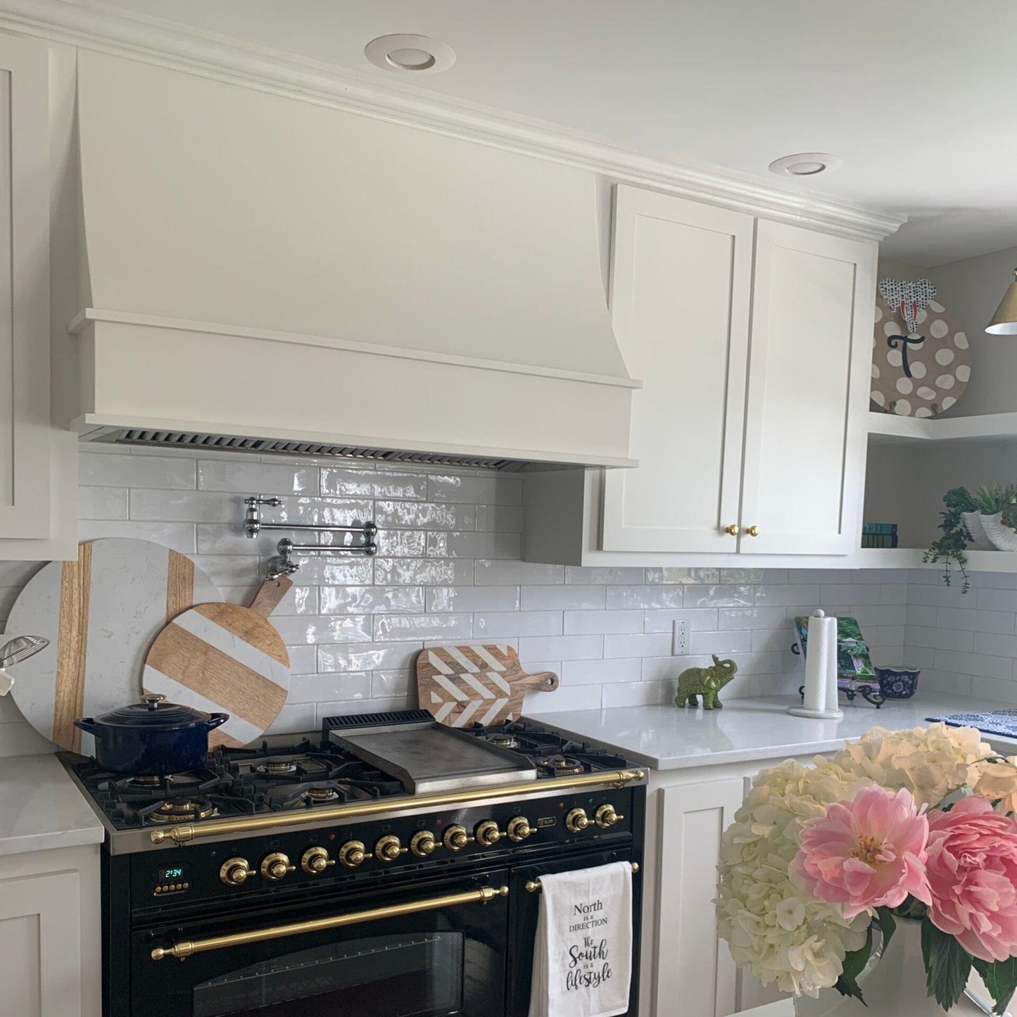 Riley & Higgs White Wood Range Hood With Sloped Front and Decorative Trim - 30", 36", 42", 48", 54" and 60" Widths Available