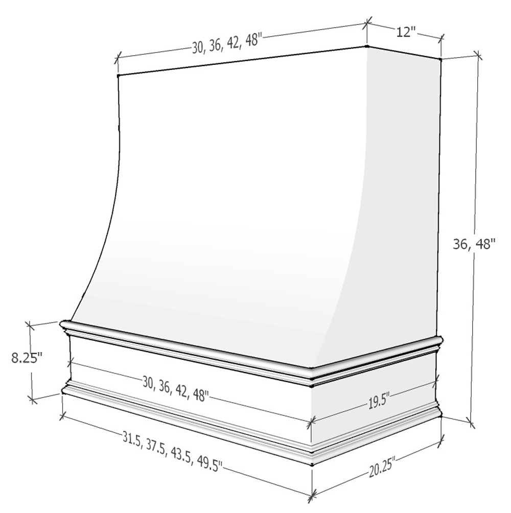 Riley & Higgs White Wood Range Hood With Sloped Front and Decorative Trim - 30", 36", 42", 48", 54" and 60" Widths Available