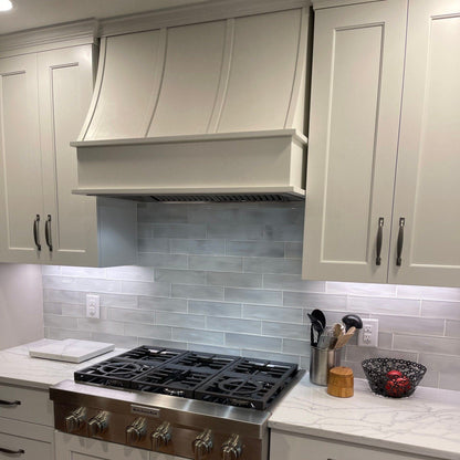 Riley & Higgs White Wood Range Hood With Sloped Strapped Front and Decorative Trim - 30", 36", 42", 48", 54" and 60" Widths Available