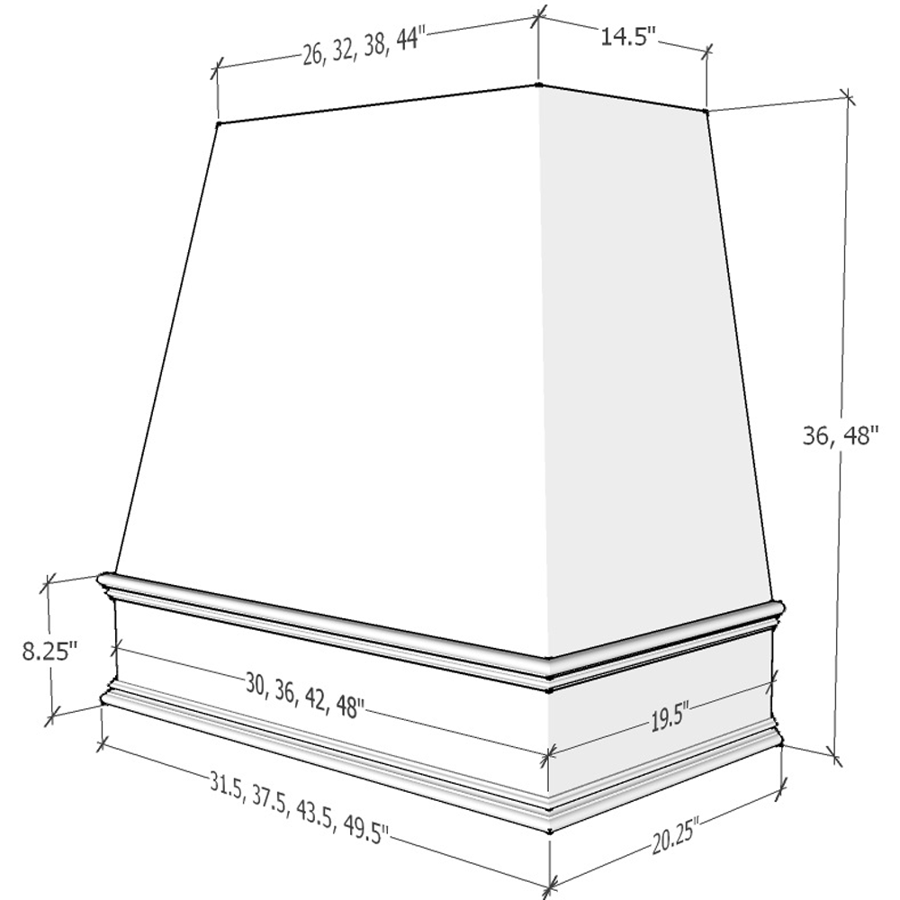 Riley & Higgs White Wood Range Hood With Tapered Front and Decorative Trim - 30", 36", 42", 48", 54" and 60" Widths Available