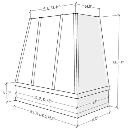 Riley & Higgs White Wood Range Hood With Tapered Strapped Front and Block Trim - 30", 36", 42", 48", 54" and 60" Widths Available